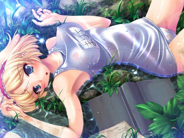Anime picture 1280x960 with touhou alice margatroid ichio blush short hair blue eyes light erotic blonde hair wet clothes girl hairband book (books) white school swimsuit
