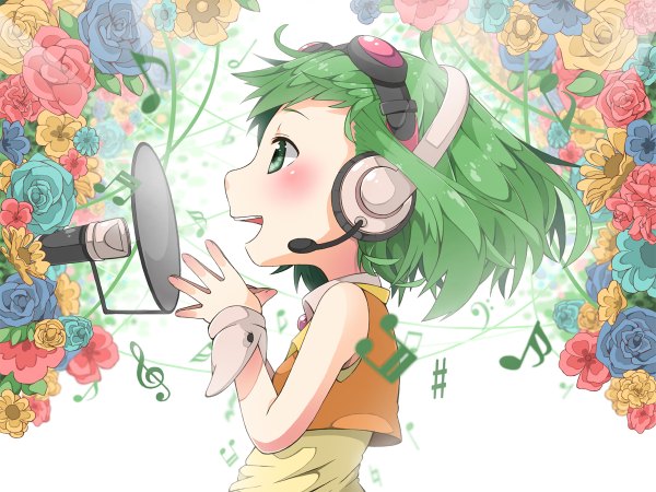 Anime picture 1200x900 with vocaloid gumi chitetan single blush short hair open mouth bare shoulders green eyes profile green hair singing treble clef girl flower (flowers) headphones wrist cuffs microphone goggles musical note