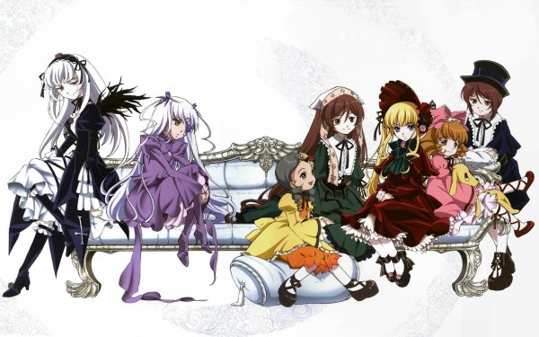 Anime picture 2400x1500 with rozen maiden suigintou shinku suiseiseki souseiseki hina ichigo barasuishou kanaria kunkun highres wide image heterochromia lolita fashion