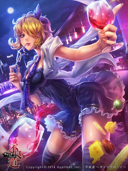 Anime picture 720x960 with furyou michi ~gang road~ wooju single tall image fringe short hair blue eyes blonde hair hair over one eye night girl thighhighs dress hair ornament glasses moon striped thighhighs wine glass