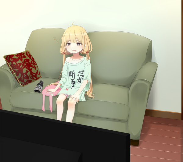 Anime picture 2300x2043 with idolmaster idolmaster cinderella girls futaba anzu sakuma (pixiv4720752) single long hair highres open mouth blonde hair sitting twintails brown eyes payot loli low twintails clothes writing girl pillow couch
