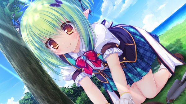 Anime picture 1280x720 with magicalic sky high charlles faltesia mikagami mamizu single blush short hair smile wide image twintails yellow eyes game cg sky cloud (clouds) green hair pointy ears short twintails girl uniform hair ornament plant (plants)