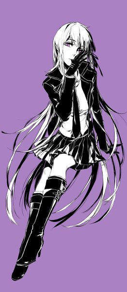 Anime picture 832x1900 with dangan ronpa kirigiri kyouko hug (yourhug) single tall image looking at viewer fringe simple background purple eyes holding very long hair pleated skirt mouth hold side braid purple background glove biting girl skirt gloves ribbon (ribbons)