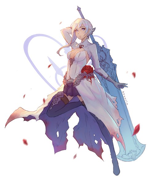 Anime picture 727x900 with sinoalice snow white (sinoalice) koyoriin single long hair tall image light erotic simple background blonde hair white background purple eyes signed full body bent knee (knees) zettai ryouiki torn clothes looking up girl thighhighs dress