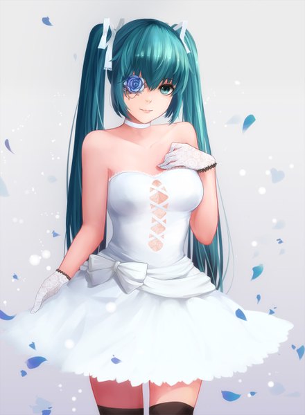 Anime picture 1000x1364 with vocaloid hatsune miku dre single tall image looking at viewer bare shoulders very long hair aqua eyes aqua hair girl thighhighs dress gloves flower (flowers) ribbon (ribbons) black thighhighs hair ribbon petals white gloves