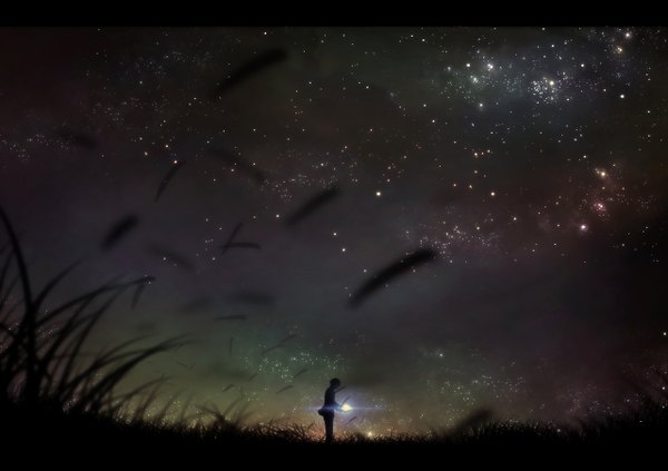 Anime picture 1280x903 with original ixaga single standing sky profile wind night glow silhouette plant (plants) star (stars) grass
