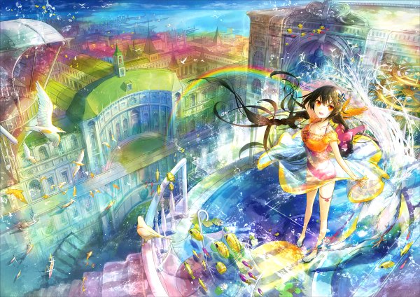 Anime picture 1200x848 with original fuumi (radial engine) single long hair looking at viewer open mouth red eyes brown hair barefoot wind city cityscape scenic colorful girl dress hair ornament animal water sea