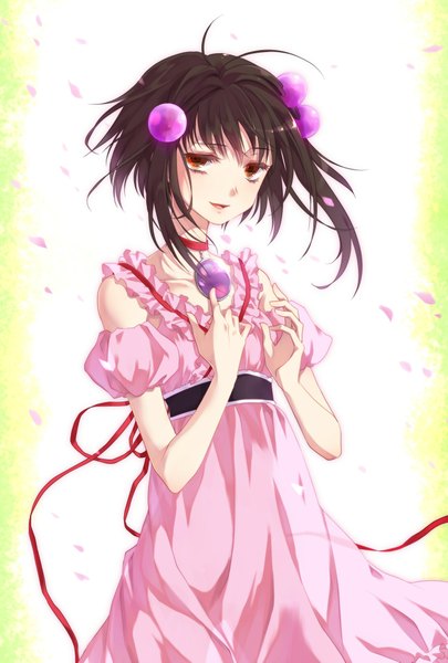 Anime picture 1378x2039 with tales of (series) reala okitsune (okitsune-sama) single tall image short hair black hair brown eyes girl dress ribbon (ribbons) petals