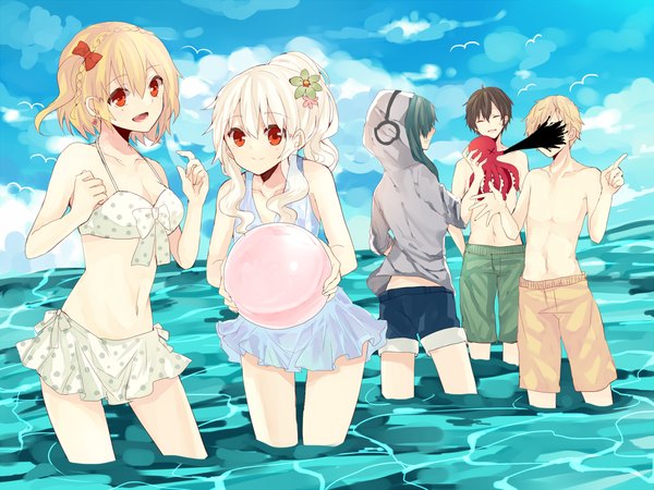 Anime picture 1500x1125 with kagerou project shaft (studio) mary (kagerou project) kido tsubomi kisaragi momo minazuki (0038) long hair looking at viewer blush short hair blonde hair bare shoulders multiple girls cloud (clouds) white hair ponytail eyes closed hair flower multiple boys bare belly