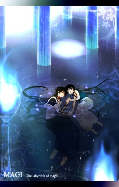 Anime picture 1021x1600 with magi the labyrinth of magic a-1 pictures judal aladdin (magi) monarin long hair tall image open mouth blue eyes black hair smile red eyes lying barefoot light smile inscription multiple boys midriff sleeveless holding hands