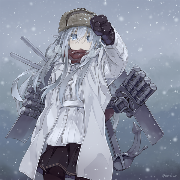 Anime picture 1170x1169 with kantai collection hibiki destroyer verniy destroyer orda single long hair looking at viewer fringe blue eyes hair between eyes standing pleated skirt grey hair open clothes open jacket snowing winter snow exhalation girl