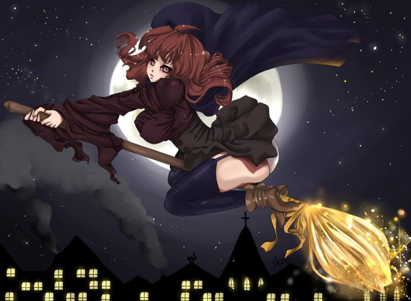 Anime picture 3000x2200 with original lilsweetsakura (artist) single long hair highres light erotic red eyes brown hair witch girl thighhighs underwear panties black thighhighs garter straps moon cloak full moon broom