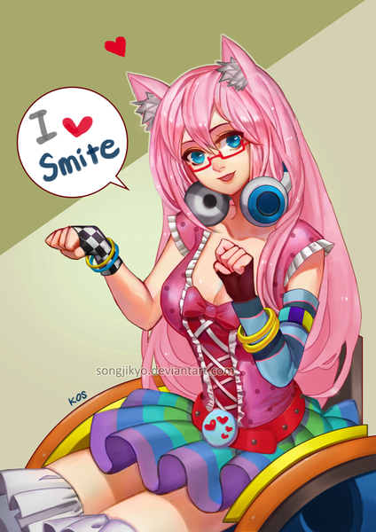 Anime picture 620x877 with songjikyo single long hair tall image looking at viewer fringe blue eyes simple background smile animal ears pink hair cat girl girl dress glasses bracelet belt headphones speech bubble