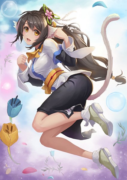 Anime picture 707x1000 with utawareru mono: itsuwari no kamen white fox kuon (utawareru mono) lemoo single long hair tall image looking at viewer open mouth black hair animal ears yellow eyes tail animal tail girl dress hair ornament flower (flowers) petals