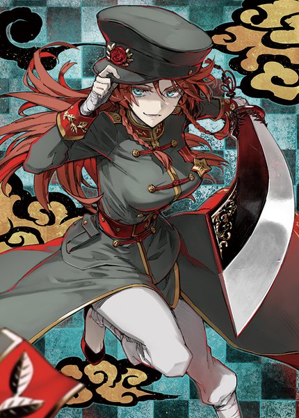 Anime picture 717x1000 with touhou hong meiling minakata sunao single long hair tall image looking at viewer fringe breasts blue eyes smile hair between eyes standing bent knee (knees) red hair braid (braids) alternate costume twin braids floating hair standing on one leg