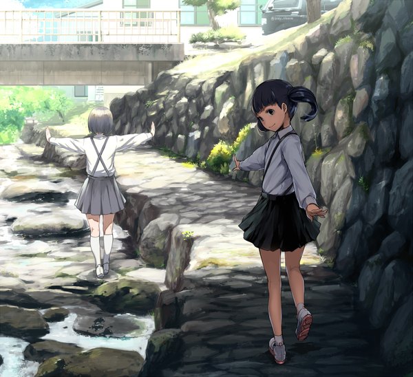 Anime picture 1500x1370 with original sody (artist) fringe short hair black hair twintails multiple girls looking away outdoors blunt bangs from behind loli short twintails light spread arms walking river girl uniform 2 girls
