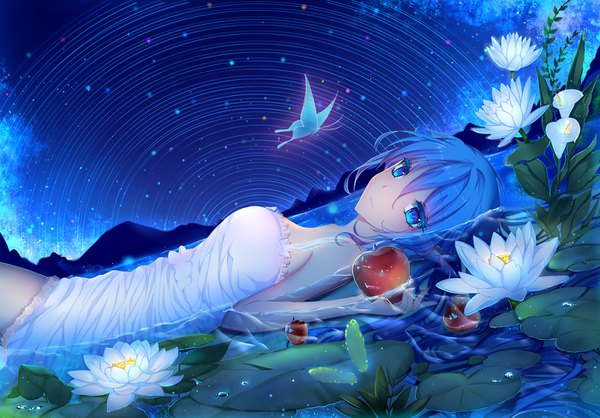 Anime picture 1400x976 with original isy single long hair looking at viewer fringe breasts blue eyes smile hair between eyes large breasts bare shoulders blue hair lying night dutch angle night sky partially submerged turning head horizon