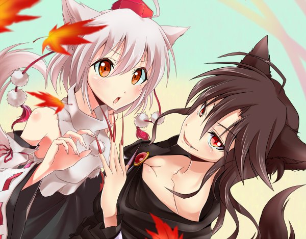 Anime picture 1200x938 with touhou inubashiri momiji imaizumi kagerou kakao rantan long hair looking at viewer fringe short hair open mouth black hair simple background blonde hair red eyes multiple girls brown eyes animal ears cleavage tail traditional clothes japanese clothes