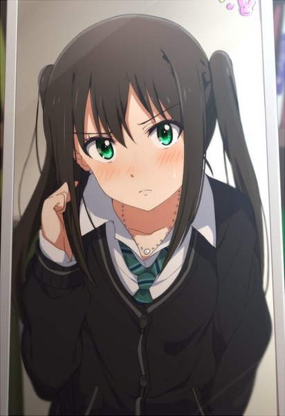 Anime picture 598x870 with idolmaster idolmaster cinderella girls shibuya rin ogipote single long hair tall image looking at viewer blush black hair twintails green eyes twintails day girl uniform school uniform