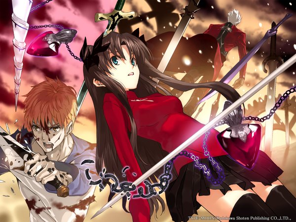 Anime picture 1600x1200 with fate (series) fate/stay night studio deen type-moon toosaka rin archer (fate) emiya shirou two side up
