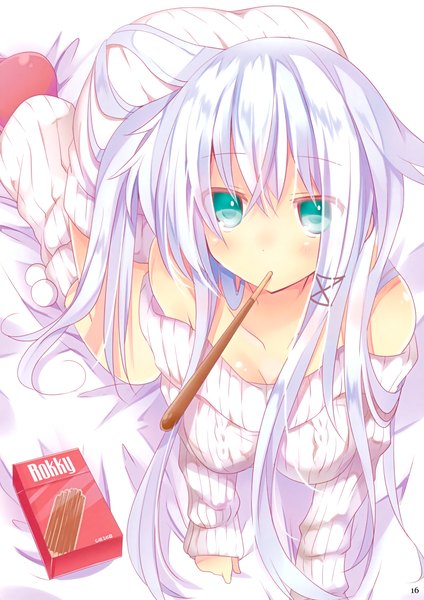 Anime picture 2475x3500 with original anceril sacred mishima kurone single long hair tall image looking at viewer blush highres white hair aqua eyes girl sweets sweater pocky