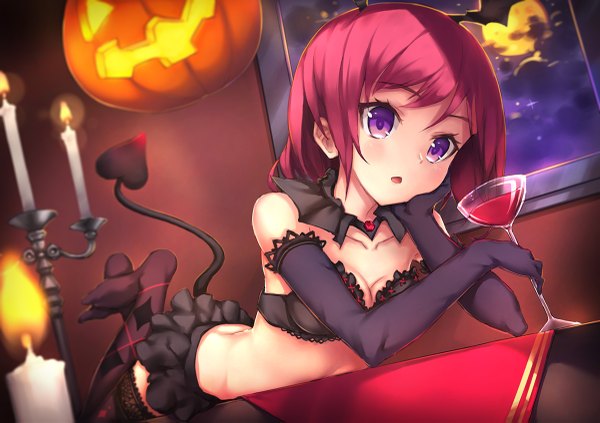 Anime picture 1200x847 with love live! school idol project sunrise (studio) love live! nishikino maki parfaitlate single blush short hair open mouth light erotic purple eyes bare shoulders pink hair bent knee (knees) tail night bare belly no shoes night sky crossed legs