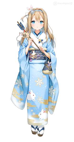 Anime picture 800x1527 with girls frontline suomi kp31 (girls frontline) marmoset (marmoset0) single long hair tall image looking at viewer blush blue eyes simple background blonde hair standing white background signed full body traditional clothes japanese clothes twitter username one side up new year