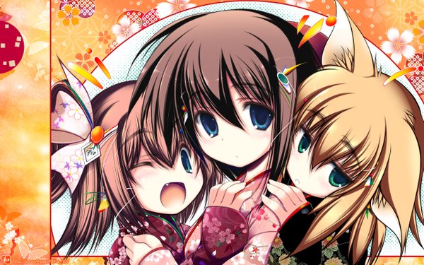 Anime picture 2560x1600 with nagomi long hair looking at viewer highres short hair open mouth blue eyes blonde hair brown hair multiple girls green eyes animal ears ahoge traditional clothes japanese clothes cat ears hug girl hair ornament bow