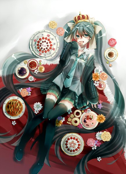 Anime picture 1000x1382 with vocaloid hatsune miku itsukihimetsu itta single tall image looking at viewer twintails very long hair aqua eyes aqua hair zettai ryouiki eating girl skirt flower (flowers) bow hair bow detached sleeves necktie food