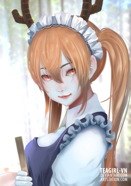 Anime picture 2894x4093 with kobayashi-san chi no maidragon kyoto animation tooru (maidragon) tea girl single long hair tall image looking at viewer fringe highres breasts hair between eyes twintails signed payot upper body horn (horns) lips orange hair realistic