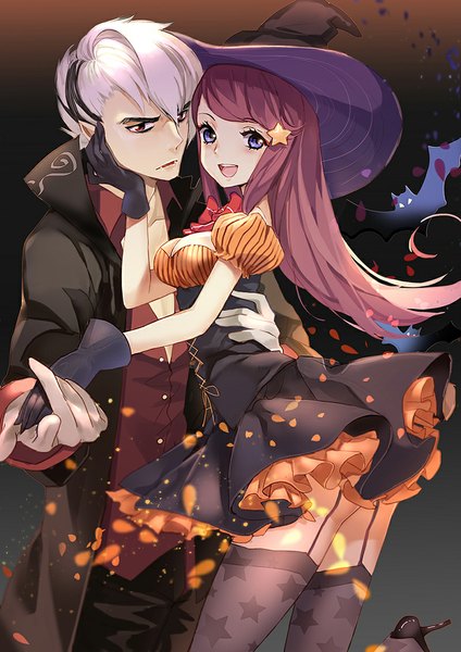 Anime picture 800x1131 with original yukizakura (neon-neon) long hair tall image looking at viewer fringe short hair light erotic smile red eyes purple eyes pink hair white hair open clothes open shirt couple holding hands halloween face to face frilly skirt