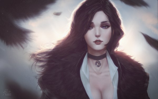 イラスト 1920x1200 と the witcher the witcher 3 wild hunt yennefer of vengerberg ライコ ソロ 長髪 前髪 highres light erotic 黒髪 紫目 signed looking away upper body parted lips 風 片目隠れ realistic ほくろ fur trim