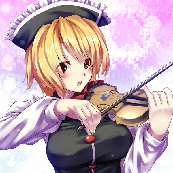 Anime picture 1000x1000 with touhou lunasa prismriver tro single blush short hair breasts open mouth light erotic blonde hair large breasts green eyes girl headdress violin