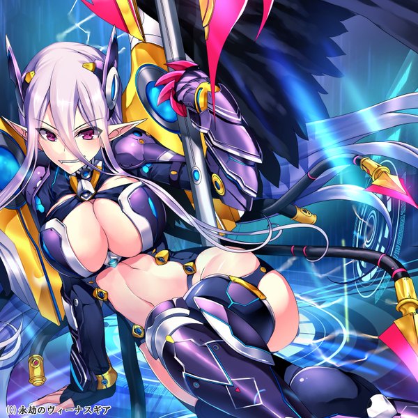 Anime picture 1500x1500 with venus gear (game) yamacchi single long hair blush breasts light erotic smile large breasts purple eyes cleavage purple hair pointy ears mechanical wings futuristic girl thighhighs gloves navel weapon