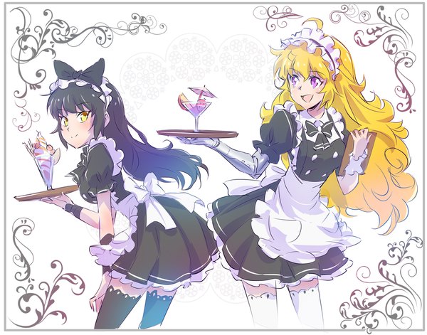 Anime picture 2013x1581 with rwby rooster teeth blake belladonna yang xiao long iesupa long hair looking at viewer fringe highres open mouth blonde hair smile standing white background purple eyes multiple girls holding yellow eyes payot looking away