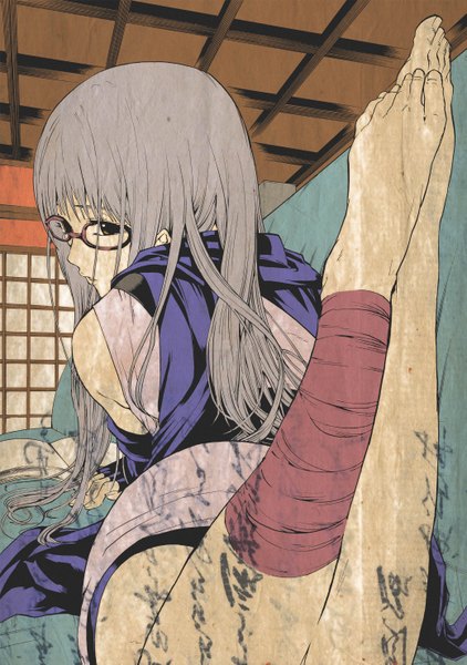 Anime picture 2079x2953 with gintama sunrise (studio) sarutobi ayame nagasode fusoku single long hair tall image fringe highres brown eyes lying looking back barefoot grey hair from behind on stomach girl gloves glasses elbow gloves
