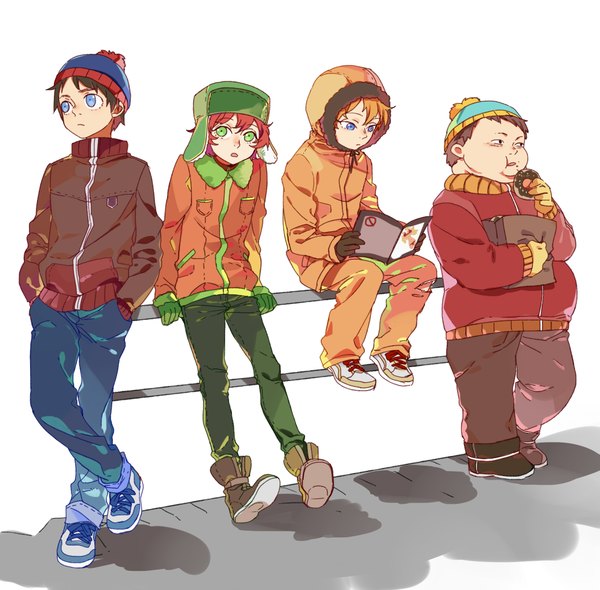 Anime picture 2073x2039 with south park eric theodore cartman kenny mccormick kyle broflovski stanley randall marsh newrein (artist) highres short hair open mouth blue eyes black hair simple background blonde hair brown hair white background green eyes group eating hands in pockets reading