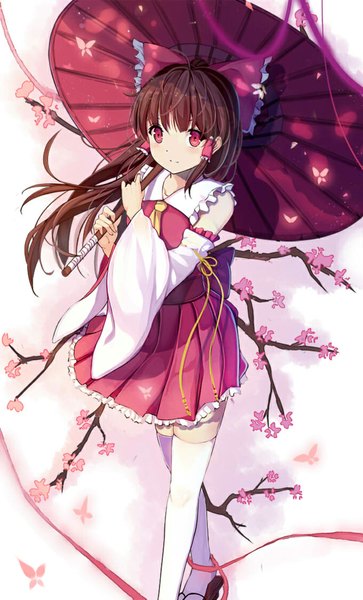 Anime picture 680x1122 with touhou hakurei reimu soulkiller (brz) single long hair tall image blush red eyes brown hair ponytail traditional clothes miko girl thighhighs flower (flowers) bow hair bow detached sleeves white thighhighs umbrella