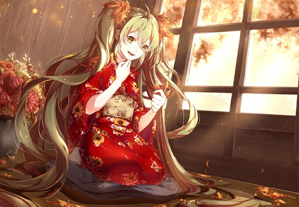 Anime picture 1000x694 with vocaloid hatsune miku phino (jinko0094) single open mouth sitting holding indoors very long hair traditional clothes japanese clothes barefoot aqua eyes aqua hair floral print happy birthday girl hair ornament flower (flowers) plant (plants)