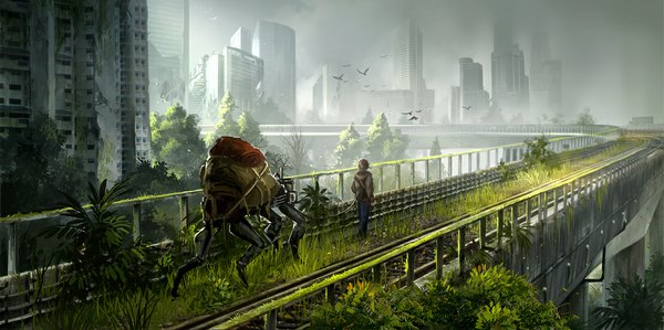Anime picture 1150x574 with sandara single short hair wide image from behind smoke ambiguous gender post-apocalyptic plant (plants) animal tree (trees) bird (birds) building (buildings) bag robot bridge