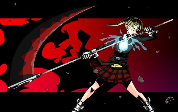 Anime picture 1350x850 with soul eater studio bones maka albarn soul eater evans taro (pixiv id19921) single short hair blonde hair simple background twintails green eyes looking away red background girl skirt gloves uniform weapon school uniform shirt
