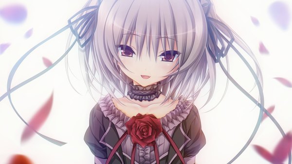 Anime picture 1280x720 with hapymaher purple software naitou maia koku single looking at viewer short hair open mouth smile wide image white background brown eyes game cg grey hair girl dress flower (flowers) ribbon (ribbons) hair ribbon petals