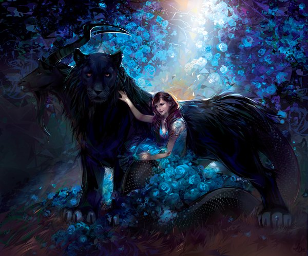 Anime picture 1200x997 with original limkis long hair brown hair purple hair horn (horns) sunlight tattoo girl flower (flowers) animal rose (roses) blue rose snake lion goat chimera