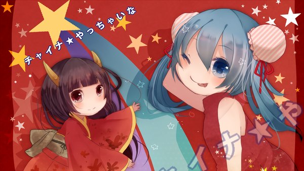 Anime picture 1920x1080 with vocaloid hatsune miku hinomoto oniko itamidome blush highres blue eyes black hair red eyes wide image twintails bare shoulders multiple girls blue hair japanese clothes one eye closed horn (horns) wink hair bun (hair buns) chinese clothes
