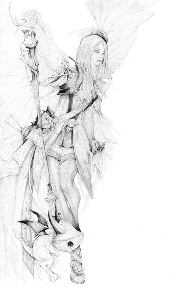 Anime picture 5058x8588 with original amyor94 (artist) single long hair tall image highres smile white background looking away absurdres monochrome girl dress wings