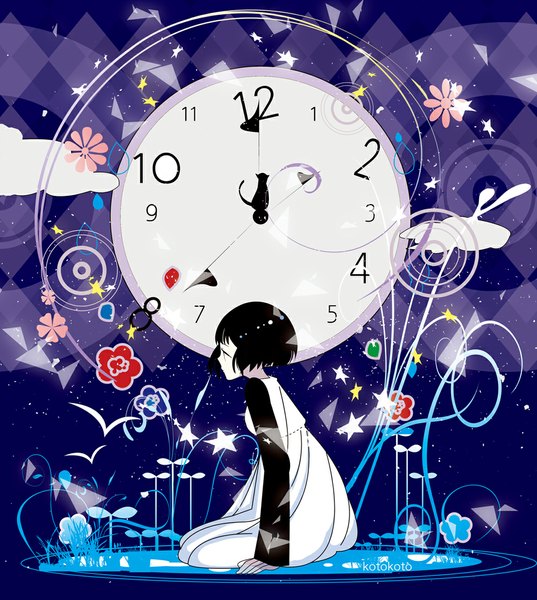 Anime picture 1000x1117 with original koto2 single tall image fringe short hair black hair pale skin girl flower (flowers) plant (plants) star (symbol) star (stars) clock
