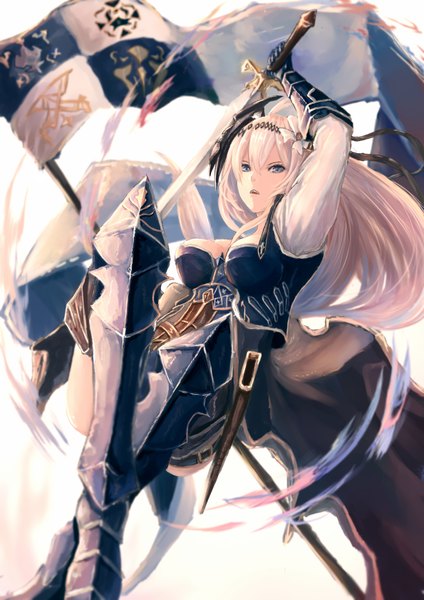 Anime picture 1190x1684 with granblue fantasy jeanne d'arc (granblue fantasy) pip (red juice1869) single long hair tall image looking at viewer fringe breasts open mouth blue eyes light erotic simple background blonde hair hair between eyes large breasts white background holding payot cleavage