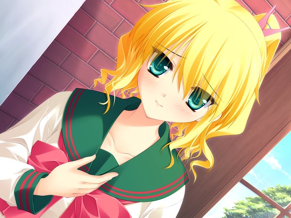 Anime picture 1024x768 with honey coming tagaya marino blonde hair green eyes game cg girl serafuku