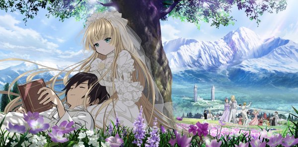 Anime picture 1500x741 with gosick studio bones victorique de blois kujou kazuya greville de blois sergius mildred arbogast kujo ruri jupiter roget jacqueline de signore cecile lafitte avril bradley long hair short hair blue eyes black hair blonde hair smile wide image sitting