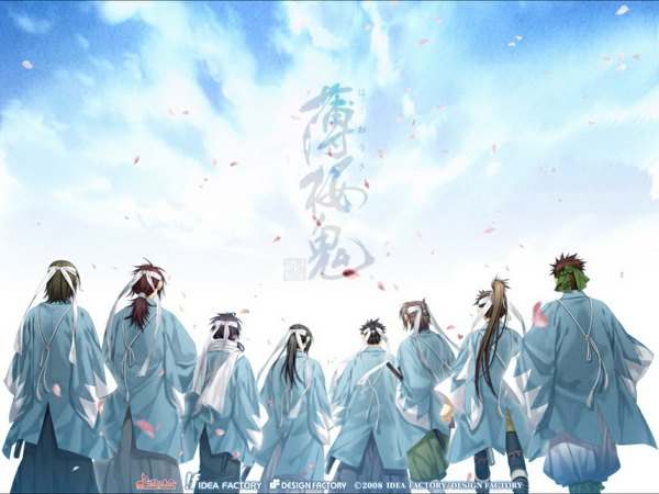 Anime picture 1024x768 with hakuouki shinsengumi kitan studio deen saito hajime okita souji (hakuouki) hijikata toshizou (hakuouki) sanosuke harada toudou heisuke short hair brown hair sky ponytail red hair japanese clothes from behind group shinsengumi boy petals kimono bandage (bandages)